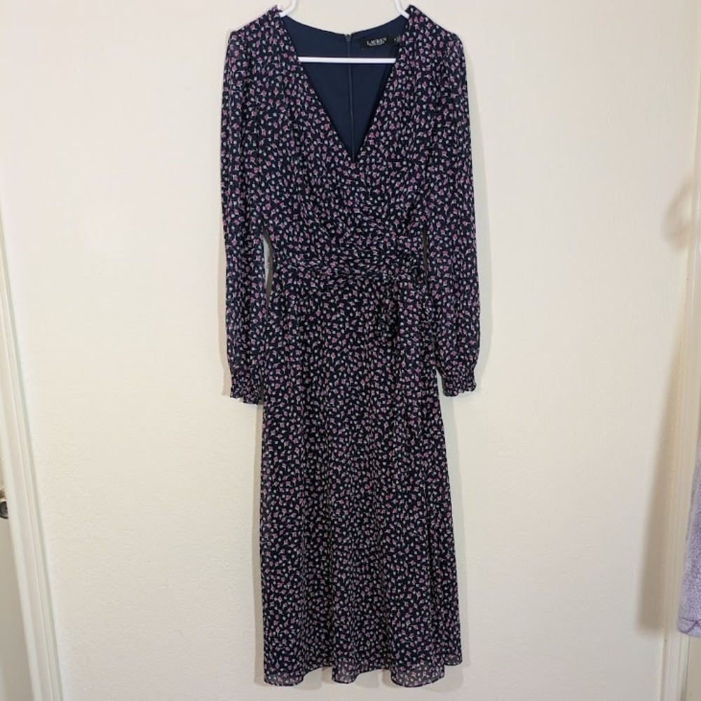 Lauren Ralph Lauren Floral Georgette Midi Dress Blue Pink Long Sleeve‎ Chiffon 4